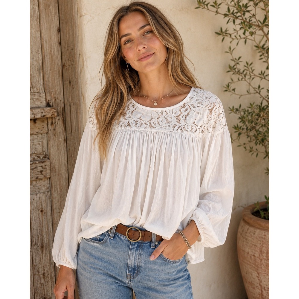 Sundance White Lace Yoke Peasant Blouse Boho Cottagecore‎ Rayon Top S